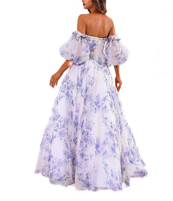 Terani Couture Off-The-Shoulder Puff Sleeve Floral Print Organza Ballgown Product Image