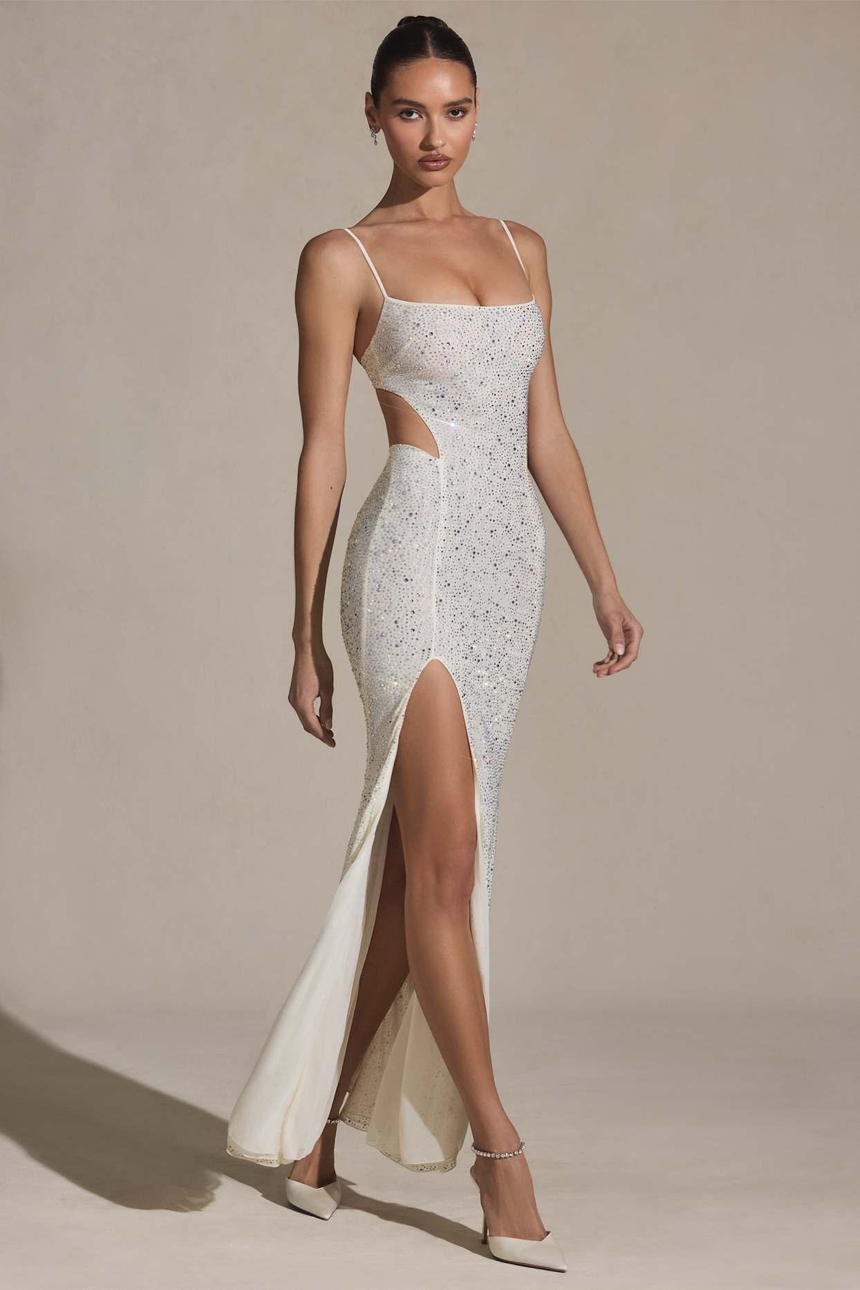 Embellished Cut-Out Fishtail Maxi Dress in White Product Image