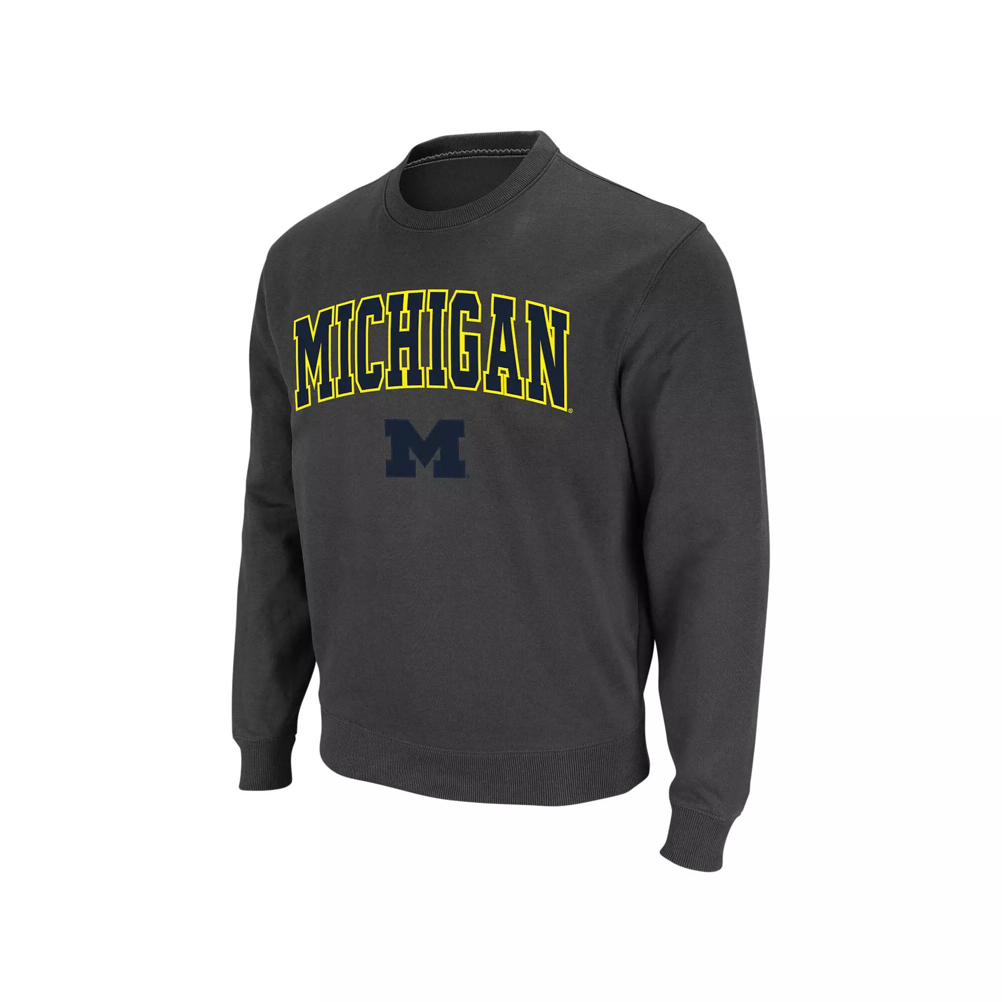 Men's Colosseum Charcoal Michigan Wolverines Arch & Logo Crew Neck Sweatshirt,  Product Image