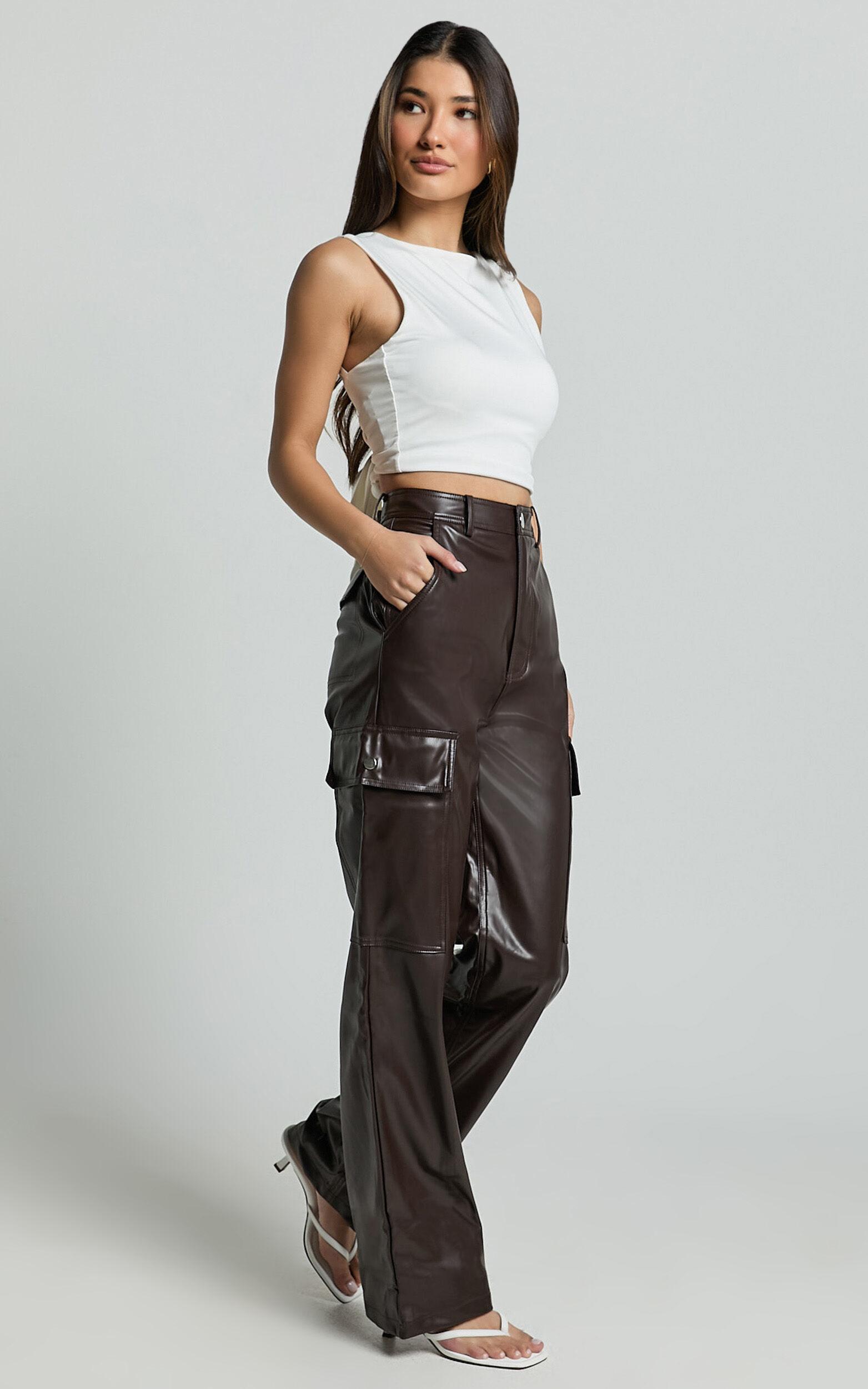 Elviera Pants - High Waisted Faux Leather Cargo Pants in Dark Chocolate Product Image
