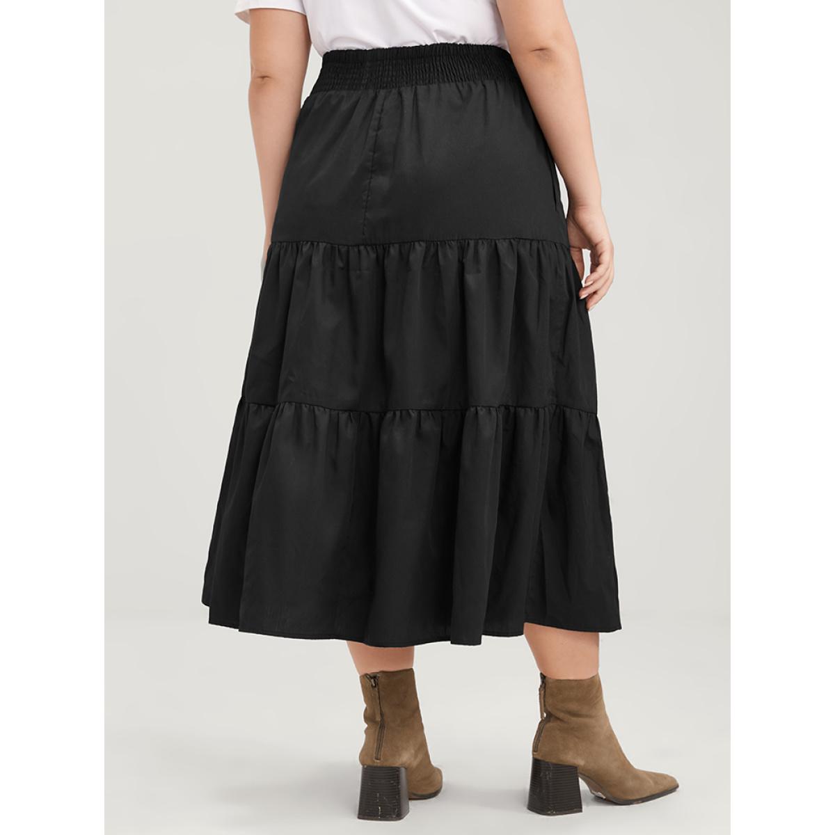 Plus Size Solid Shirred Waist Pocket Ruffle Hem Skirt Women Black Casual Shirred No stretch Pocket Dailywear Skirts BloomChic 12/L Product Image