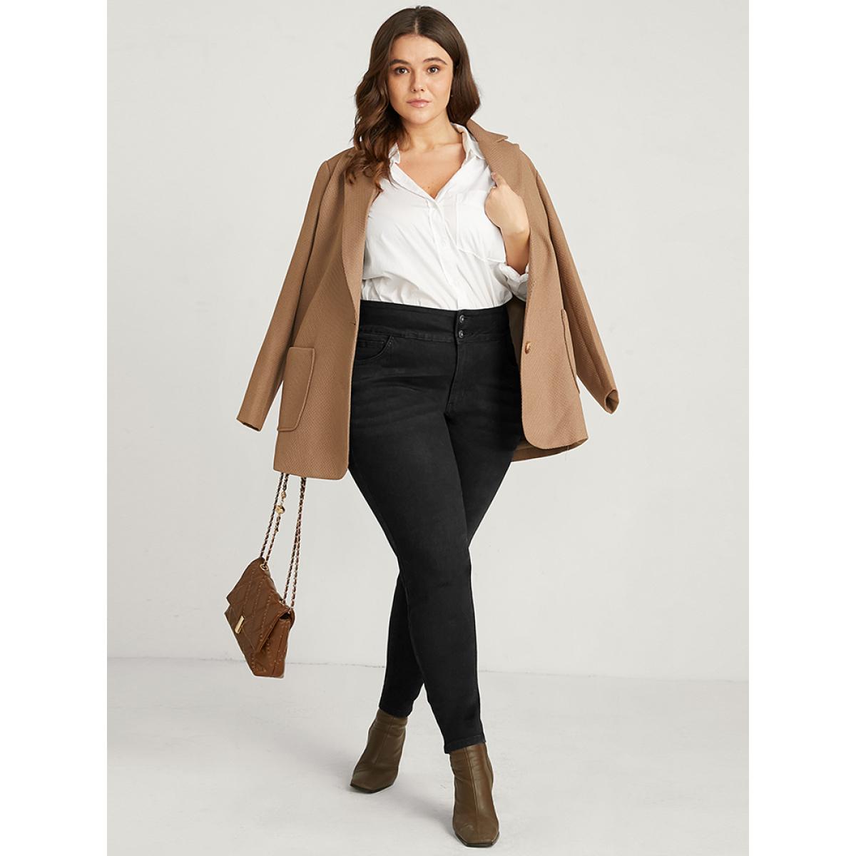 Plus Size Skinny Slightly Stretchy High Rise Black Wash Double Button Jeans Women Black Casual Plain Plain Low stretch Pocket Jeans BloomChic 14/1X Product Image