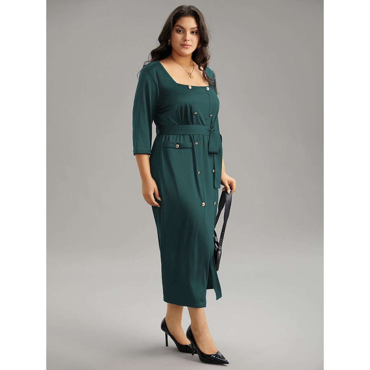 Plus Size Square Neck Metal Detail Belted Gathered Dress Cyan Women Office Plain Square Neck Elbow-length sleeve Curvy Midi Dress BloomChic 30/6X Product Image