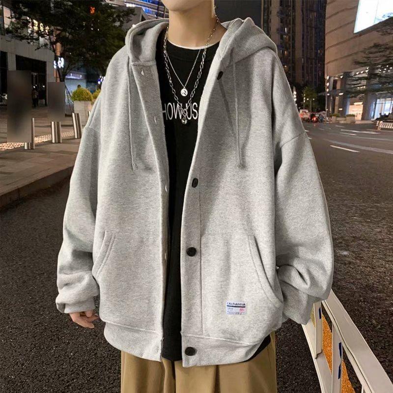 Lettering Applique Drawstring Fleece-Lined Button Hoodie Product Image