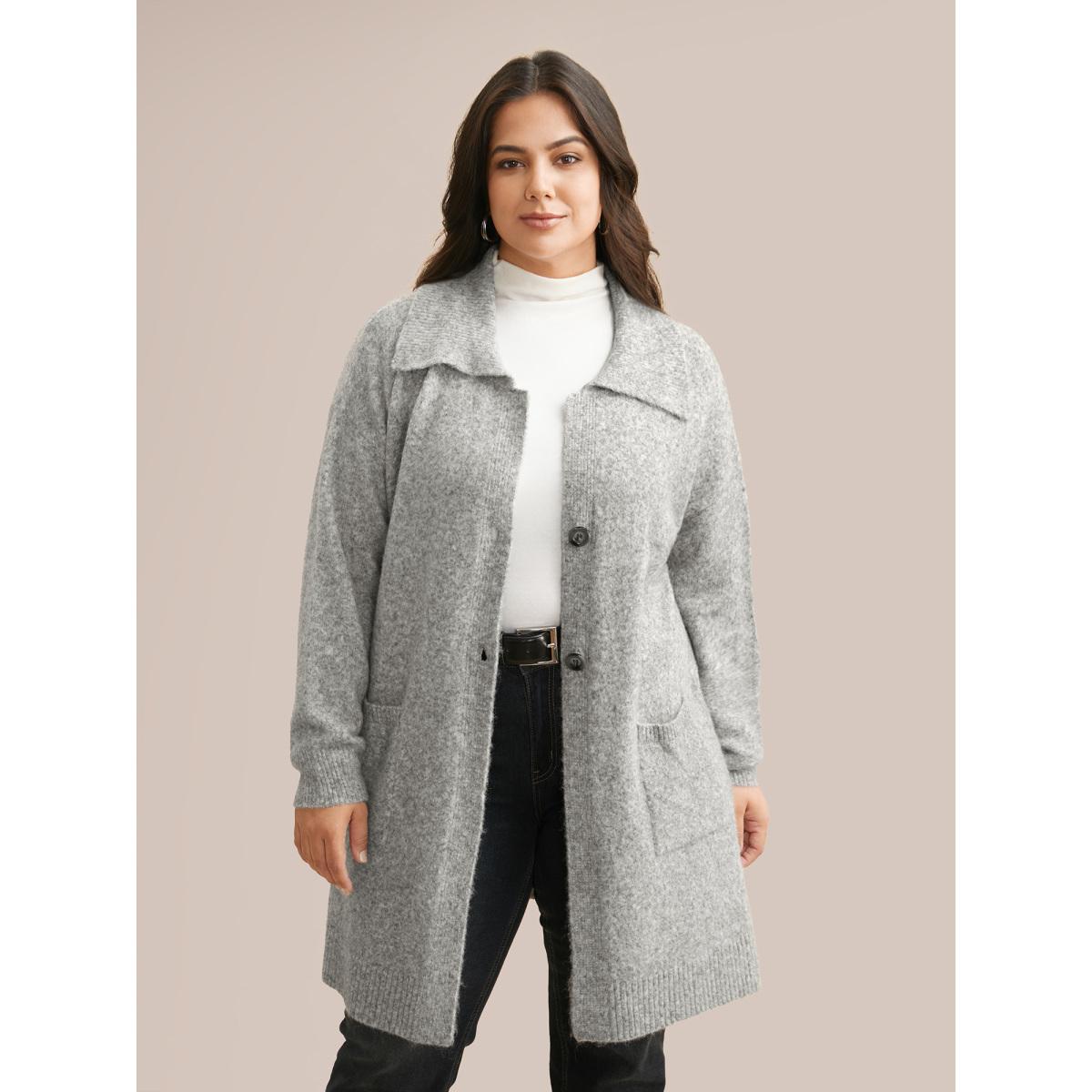 Plus Size Airy Cozy Lapel Collar Pocket Wool Cardigan LightGray Women Casual Loose Long Sleeve Everyday Cardigans BloomChic 26/4X Product Image
