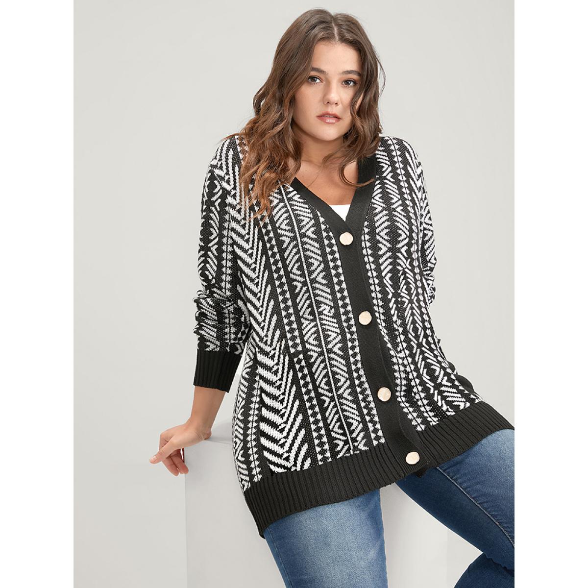 Plus Size Bandana Geometric Pointelle Knit Contrast Button Front Cardigan Black Women Casual Loose Long Sleeve Dailywear Cardigans BloomChic 10/M Product Image