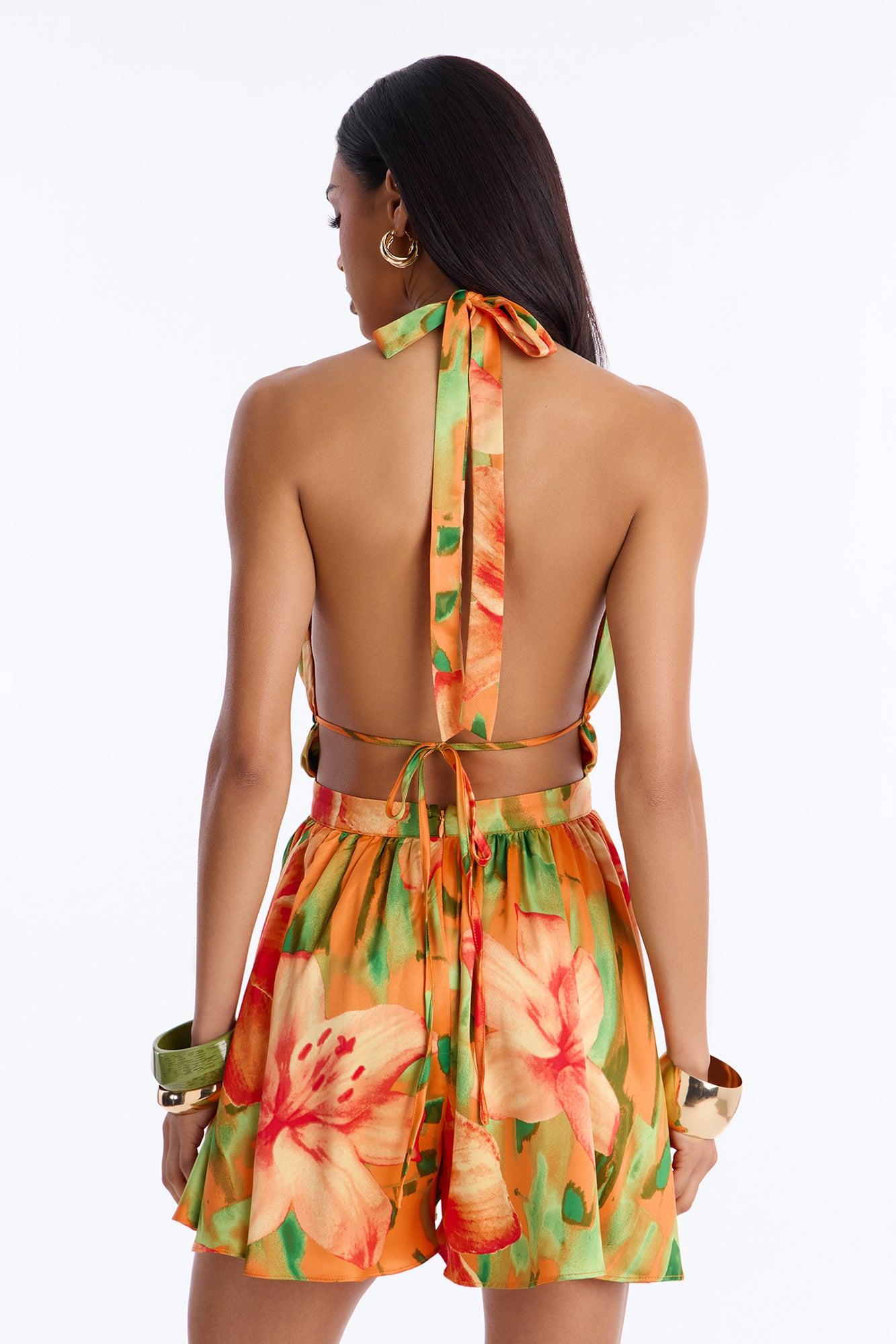 Tiana Tropical Backless Romper - Orange Female Product Image
