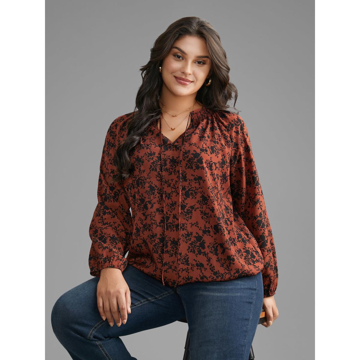Plus Size Russet Silhouette Floral Print Shirred Gathered Blouse Women Elegant Long Sleeve Wrap collar Everyday Blouses BloomChic 28/5X Product Image