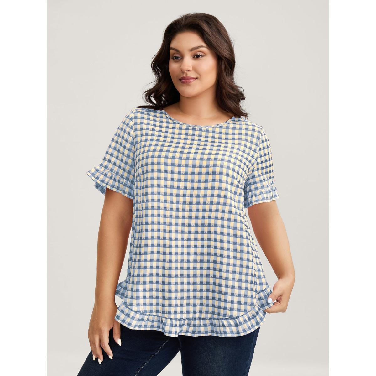 Plus Size Malachitegreen Gingham Print Button Back Blouse Women Short sleeve Round Neck Everyday-Casual Blouses BloomChic 12/L Product Image