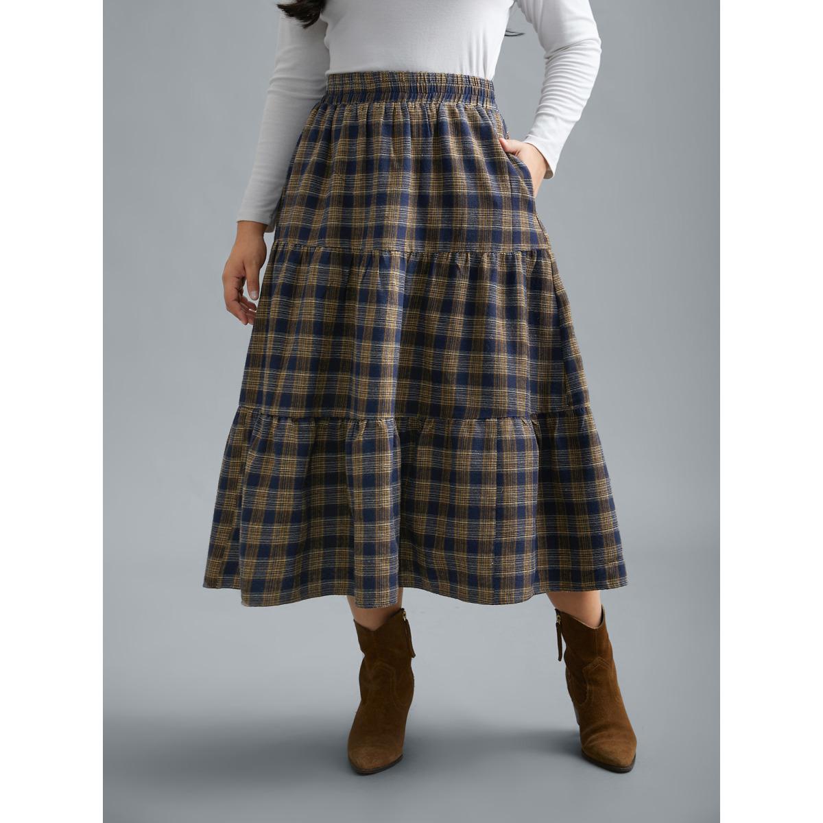 Plus Size Plaid Pattern Stretchy Waist Skirt Women Indigo Elegant Gathered No stretch Side seam pocket Everyday Skirts BloomChic 14-16/1X Product Image