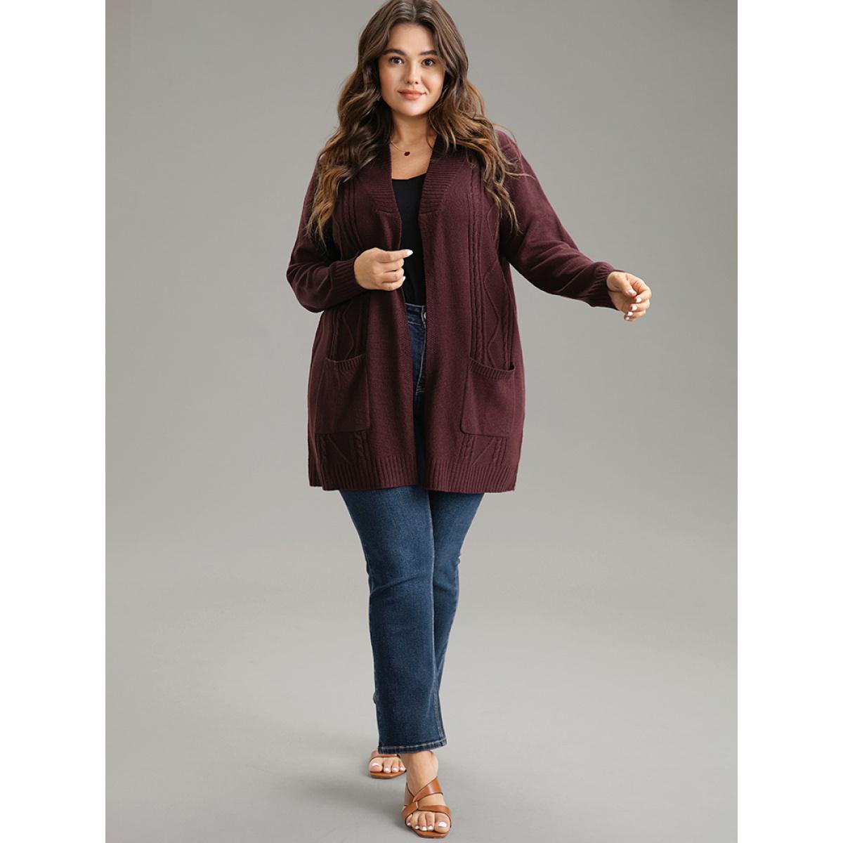Plus Size Plain Cable Knit Button Up Pocket Cardigan Burgundy Women Casual Loose Long Sleeve Dailywear Cardigans BloomChic 18-20/2X Product Image