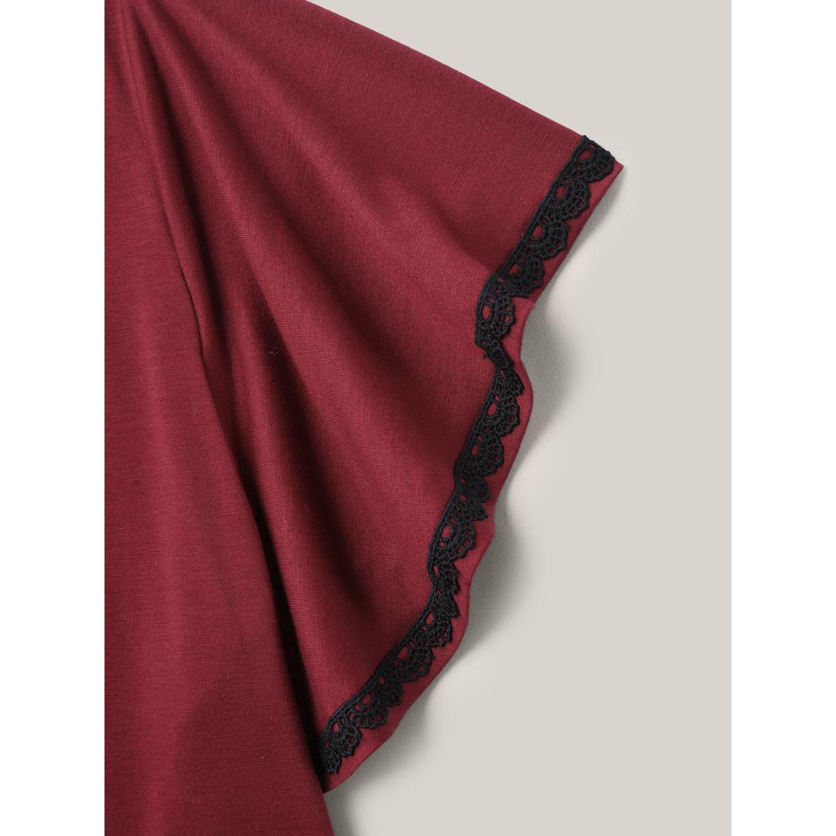 Plus Size Stretchy Color Contrast Flutter Sleeve T-Shirt Scarlet Women Elegant Woven ribbon&lace trim V-neck Everyday T-shirts BloomChic 14-16/1X Product Image
