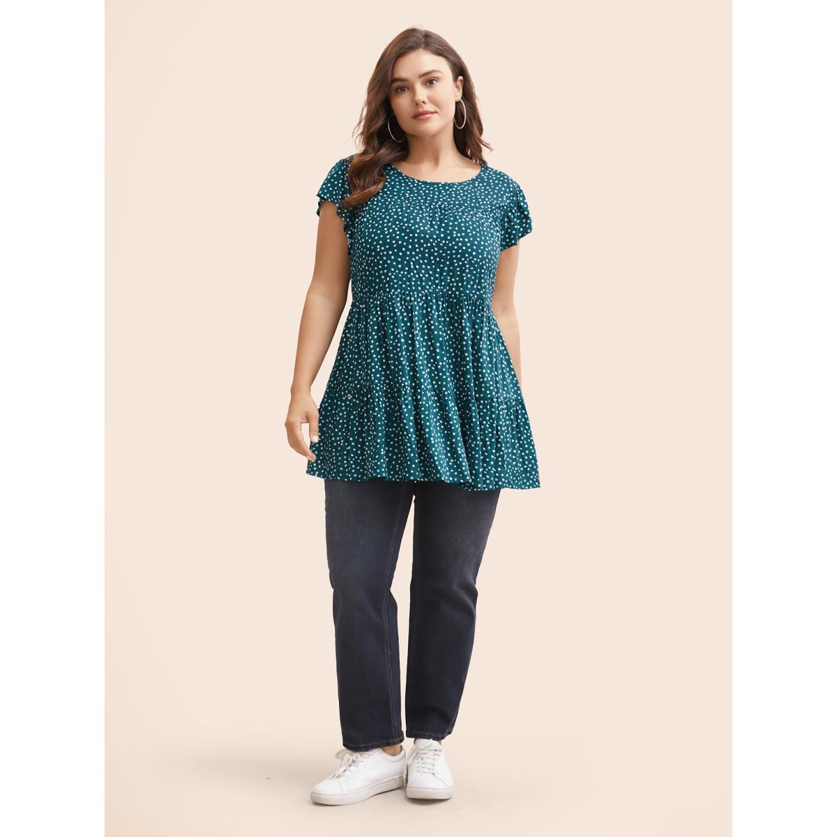 Plus Size Cyan Allover Print Cap Sleeve Ruffle Hem Gathered Blouse Women Casual Cap Sleeve Round Neck Everyday Blouses BloomChic 14-16/1X Product Image