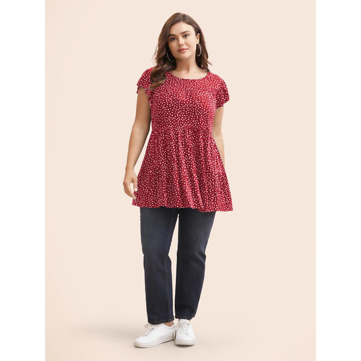 Plus Size Scarlet Allover Print Cap Sleeve Ruffle Hem Gathered Blouse Women Casual Cap Sleeve Round Neck Everyday Blouses BloomChic 10/M Product Image