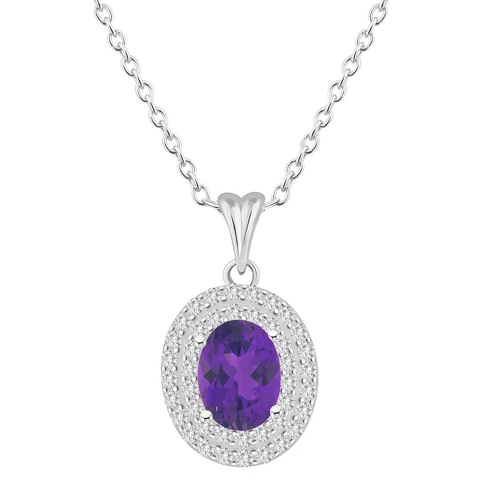 Celebration Gems Sterling Silver Oval-Cut Amethyst & White Topaz Double Halo Pendant Necklace, Women's, Size: 18" Product Image