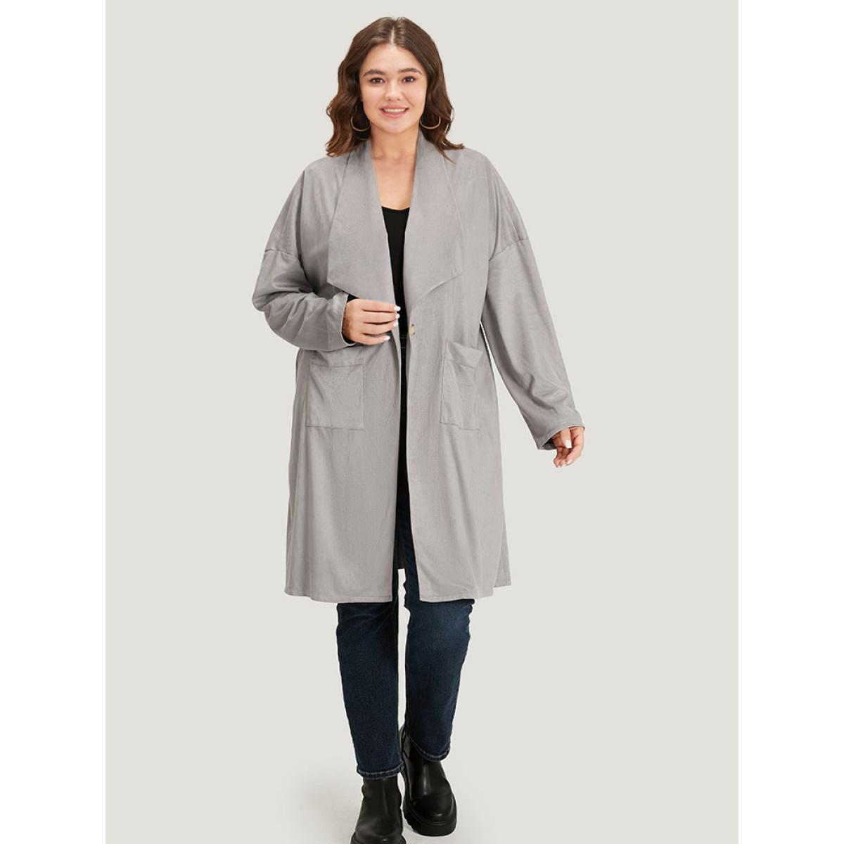 Plus Size Solid Lapel Collar Patched Pocket Faux Suede Coat Women DarkGray Casual Plain Ladies Dailywear Winter Coats BloomChic 14-16/1X Product Image