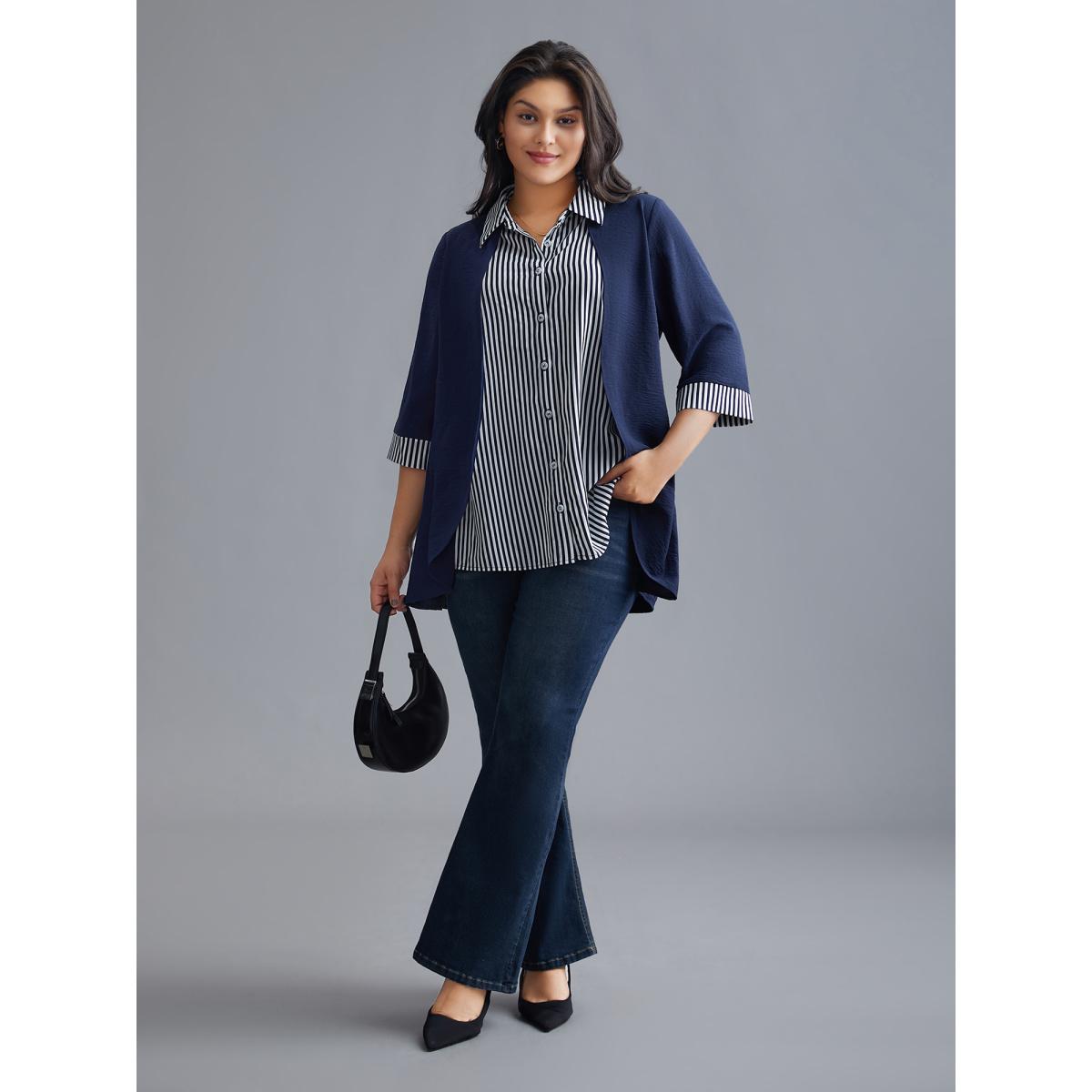 Plus Size Indigo Shirt Collar Patchwork Striped Blouse Women Office Extra Long Sleeve Square Neck Office Blouses BloomChic 28/5X Product Image