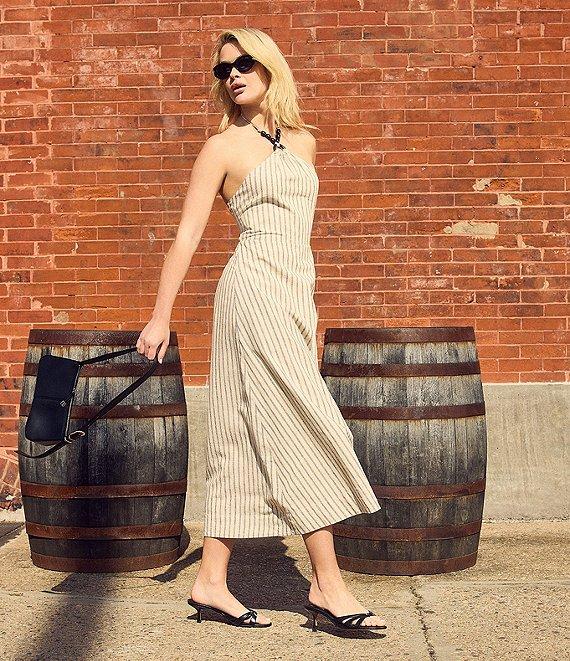 Steve Madden Mary Beth Woven Stripe Print Halter Neck Sleeveless A-Line Midi Dress Product Image
