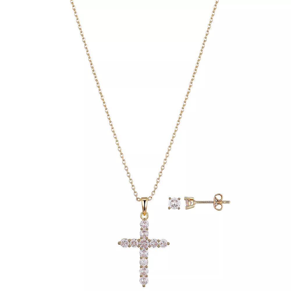Gratitude & Grace Cubic Zirconia Stud Earrings & Round Stone Cross Pendant Necklace Set, Women's, Size: 18", Gold Tone Product Image