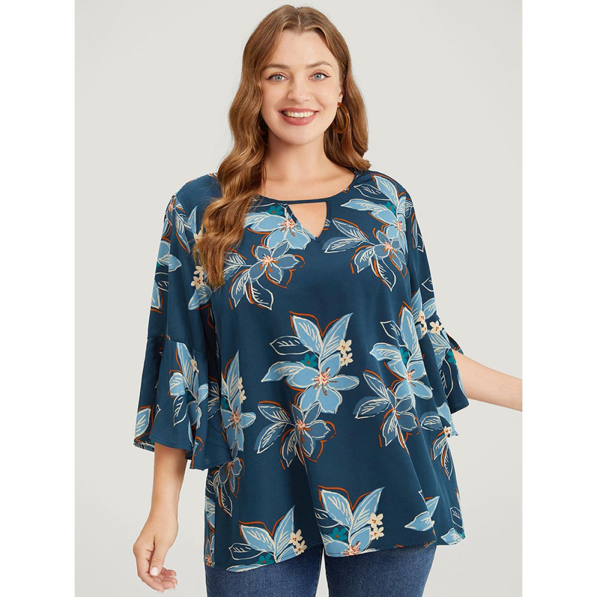 Plus Size Aegean Floral Print Keyhole Neck Split Bell Sleeve Blouse Women Elegant Elbow-length sleeve Round Neck Dailywear Blouses BloomChic 18-20/2X Product Image