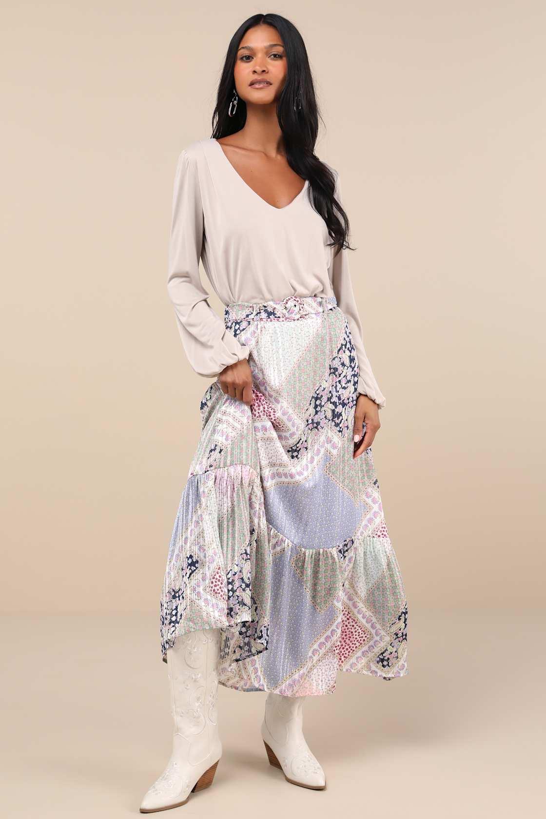 Vibrant Crush Purple Multi Scarf Print Tiered Belted Maxi Skirt Product Image