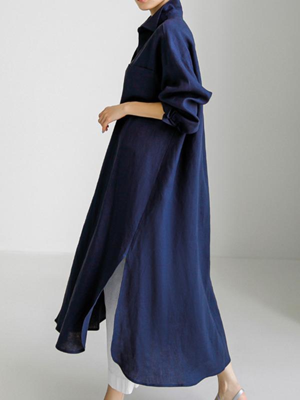 Simple Long Sleeves Split-Side Solid Color Lapel Midi Dresses Shirt Dress Product Image