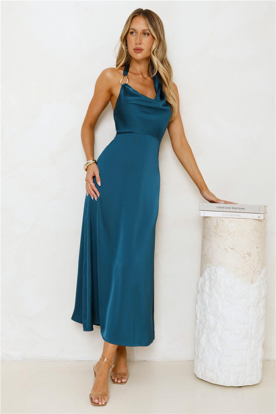 Night's Allure Satin Halter Maxi Dress Teal Product Image