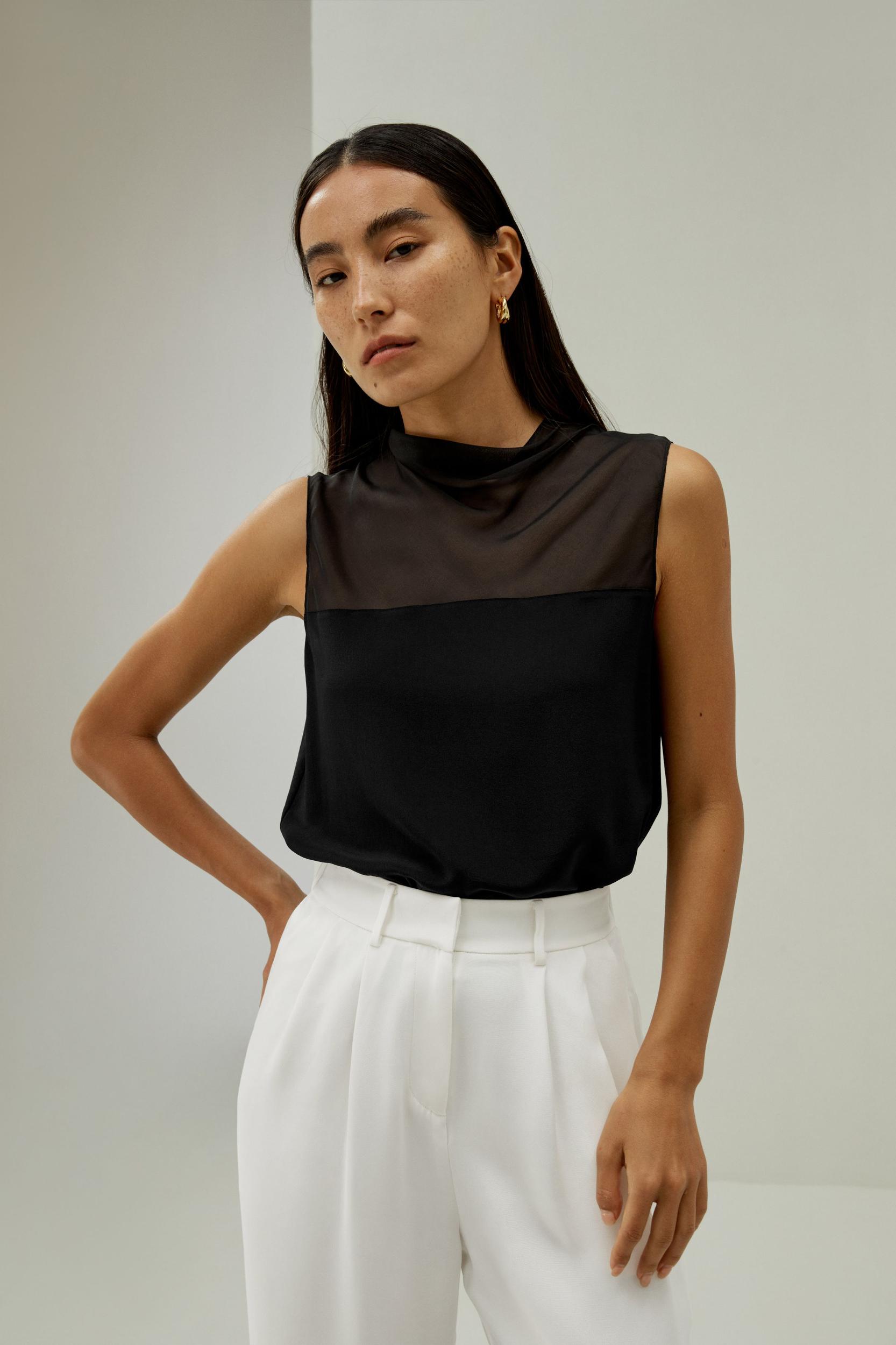 Cowl Half-High Neck Sleeveless Silk Top Product Image