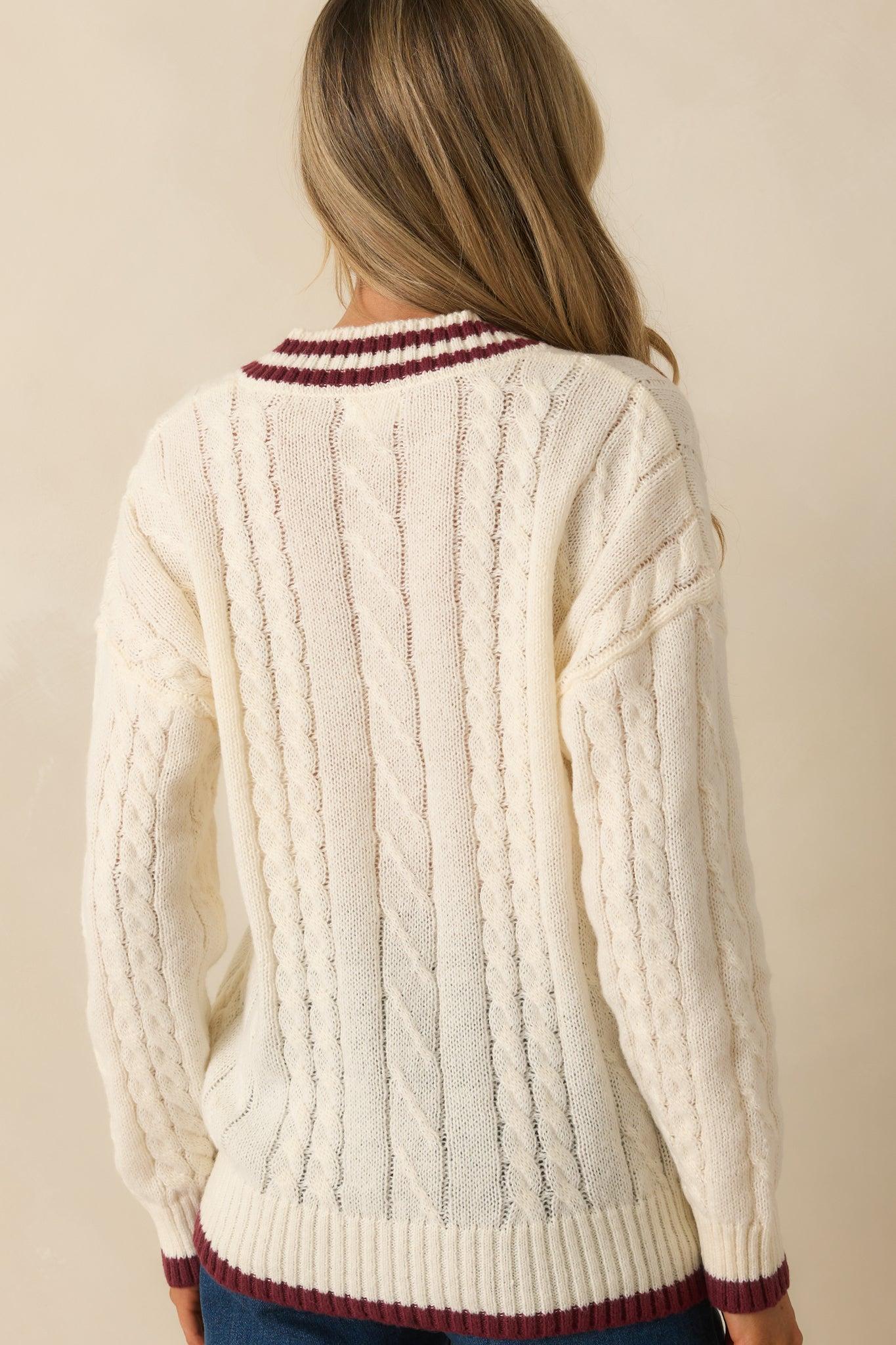 Count On Me Ivory Contrast Trim V-Neck Cable Knit Sweater Product Image