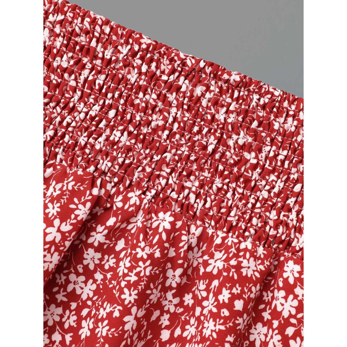 Plus Size Romantic Floral Waist Shirred Midi Skirt Women Crimson Timeless Shirred No stretch Side seam pocket Elegant Skirts BloomChic 28/5X Product Image