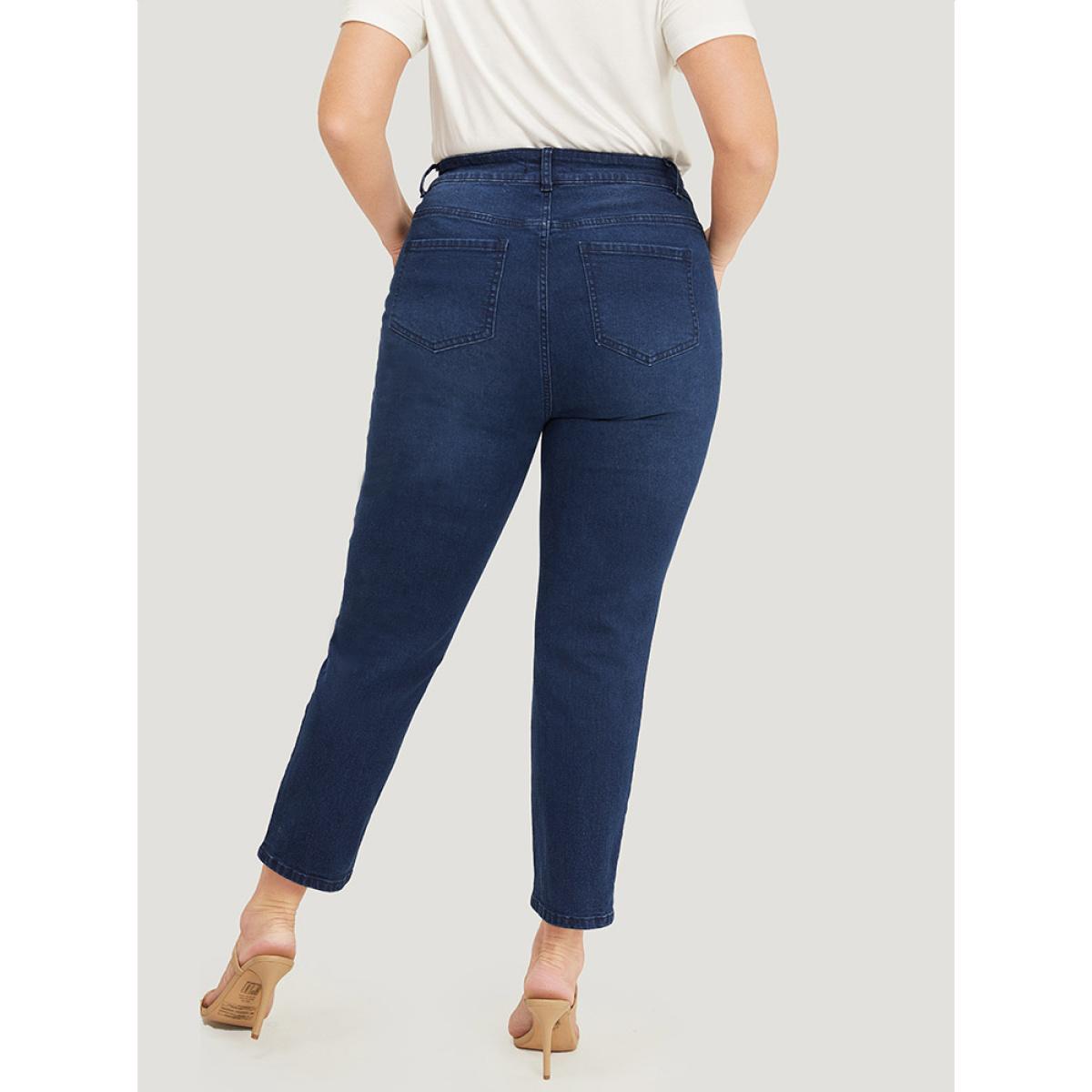 Plus Size Straight Very Stretchy High Rise Dark Wash Embroidered Trim Jeans Women DarkBlue Casual Plain Embroidered High stretch Jeans BloomChic 28/5X Product Image