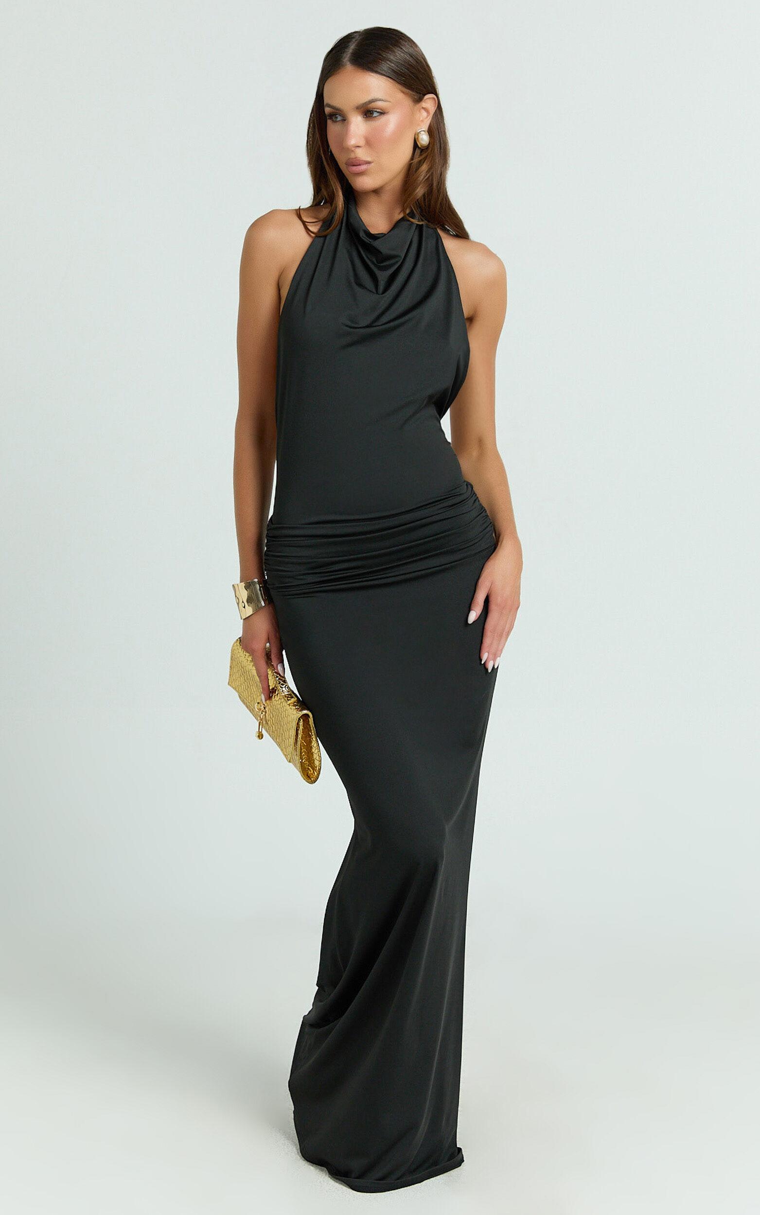 Lizzy Maxi Dress - Backless Ruched Bodycon Dress in Black Product Image