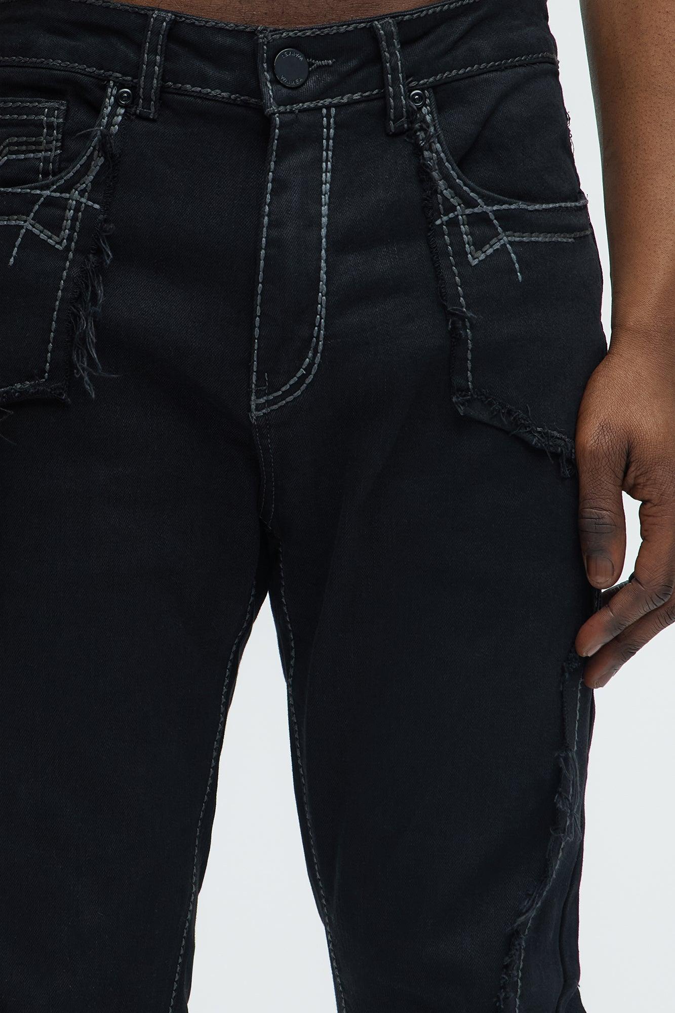 Stacked Skinny Flare Taking It Back Contrast Stitched Fray Jeans - Black Product Image