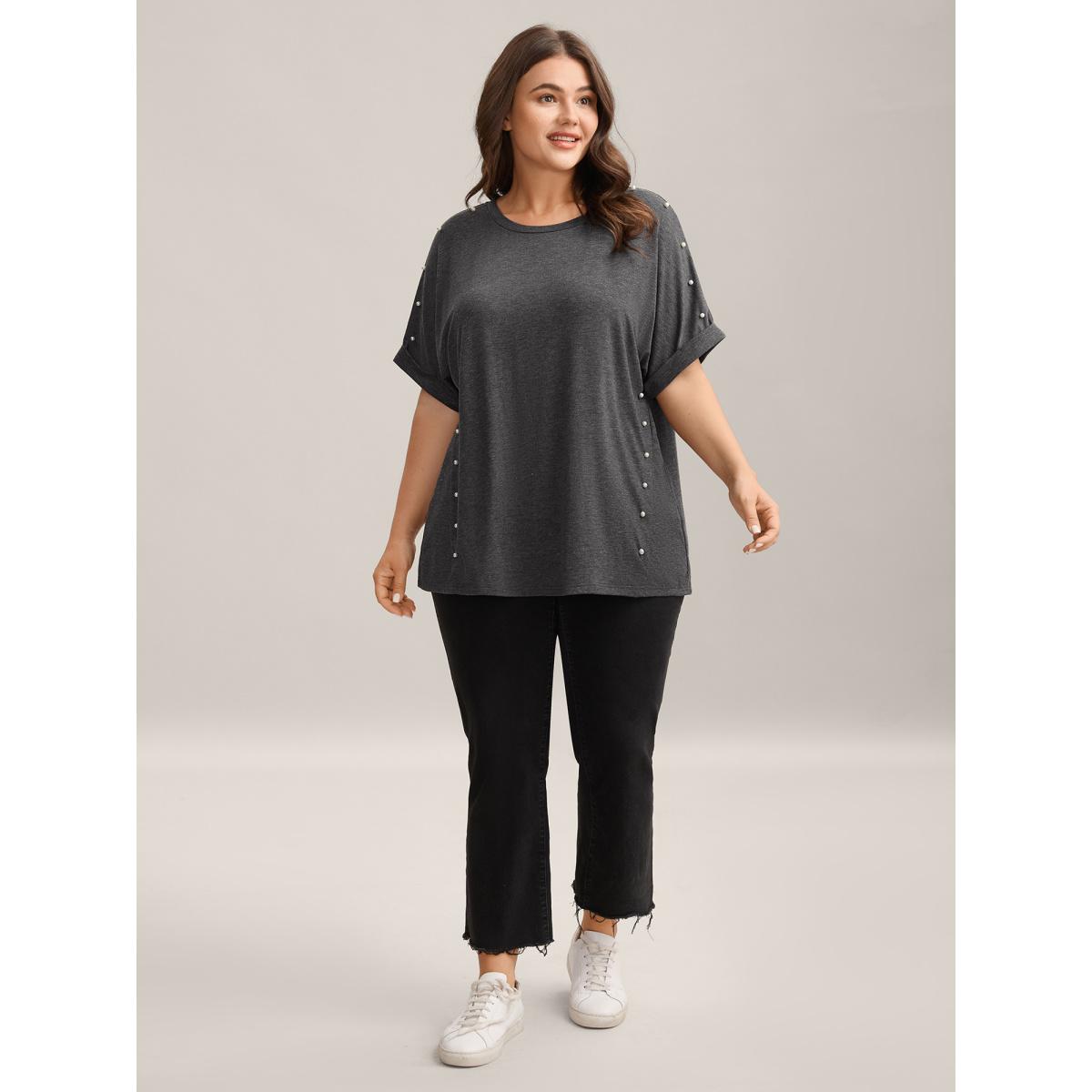 Plus Size Pearl Beaded Shoulder Plain T-Shirt DimGray Women Beaded Round Neck Loose Everyday-Casual T-shirts BloomChic 12/L Product Image