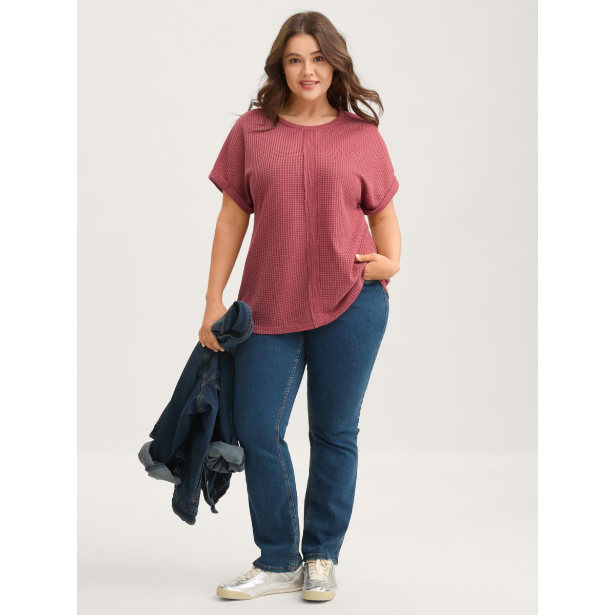 Plus Size Waffle Seamed Front Solid T-Shirt Rust Women Leisure Round Neck Casual T-shirts BloomChic 22-24/3X Product Image