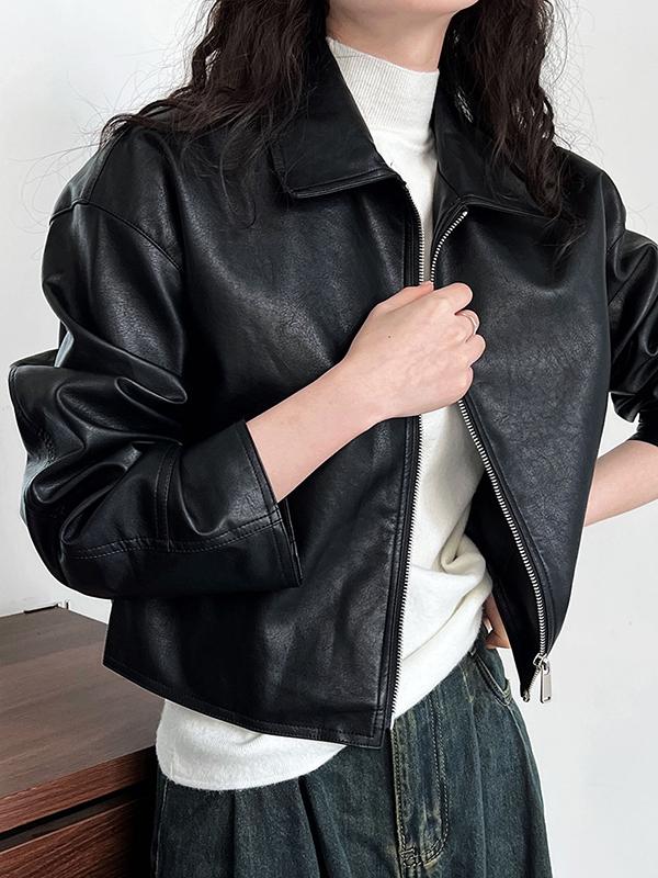 Long Sleeves Loose Solid Color Zipper Lapel Collar Jackets&Coats Outerwear Product Image