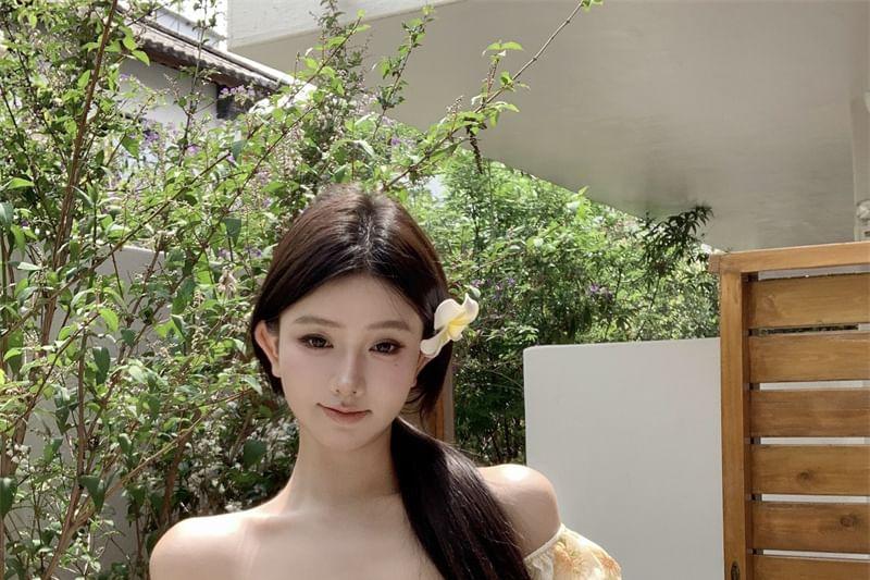 Short-Sleeve Off Shoulder Floral Crop Top / High Rise Maxi A-Line Skirt Product Image