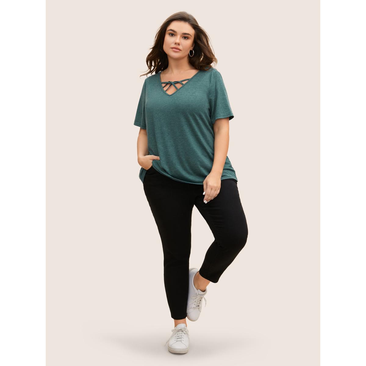 Plus Size Solid Heather Crisscross Medium Stretch T-shirt DarkGreen Women Casual Cut-Out V-neck Everyday T-shirts BloomChic 18-20/2X Product Image