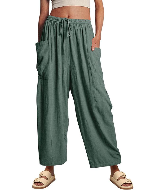 High Waisted Loose Drawstring Elasticity Pleated Pockets Solid Color Ninth Pants Trousers Product Image