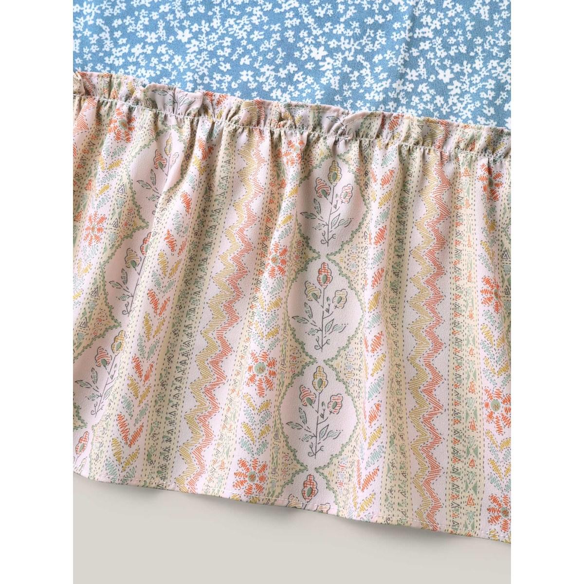 Plus Size LightBlue Ruffled Neck Tie Floral Print Blouse Women Short sleeve Notched collar Everyday-Elegant Blouses BloomChic 18-20/2X Product Image