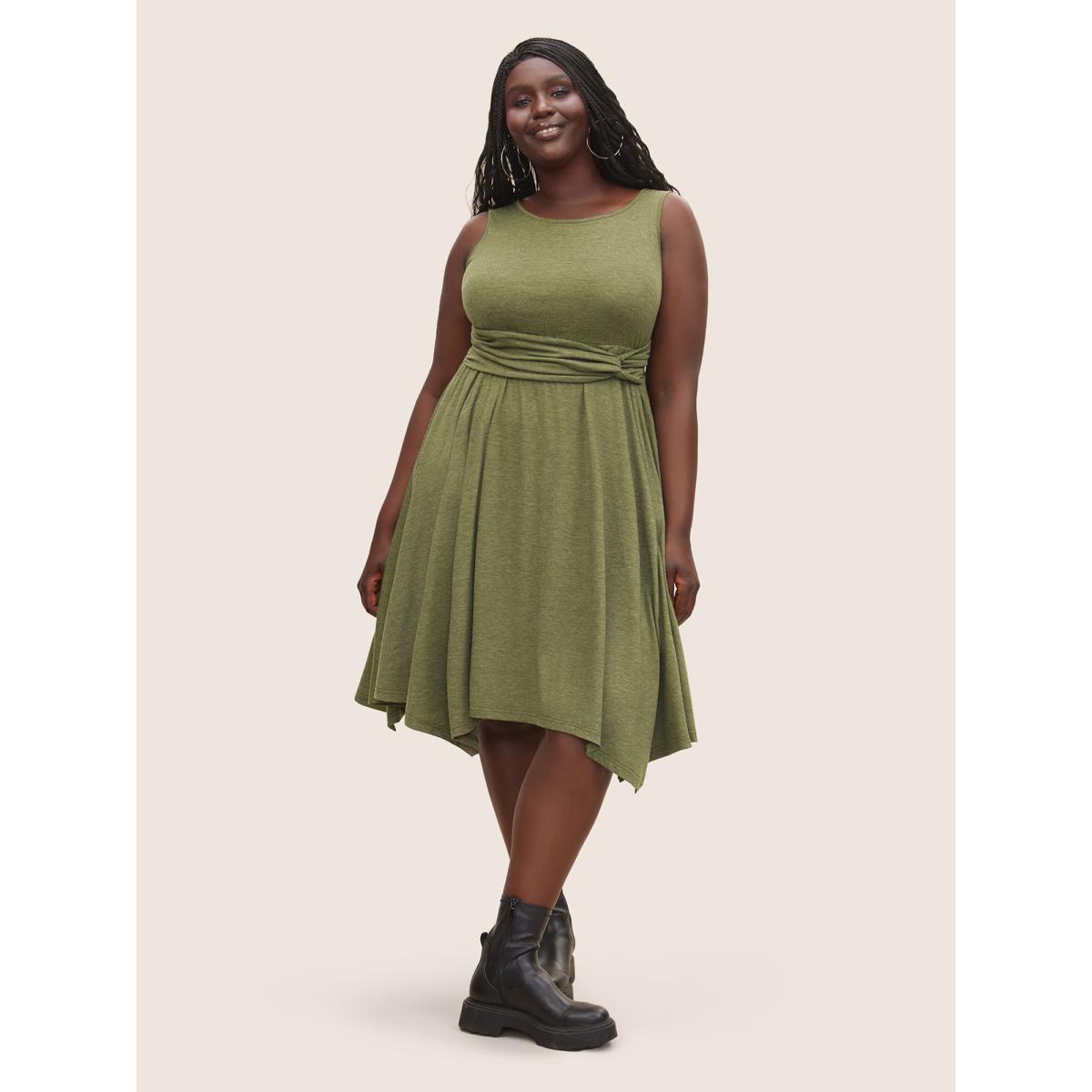 Plus Size Supersoft Essentials Twist Front Ruched Dress Moss Women Casual Asymmetrical Round Neck Sleeveless Curvy Midi Dress BloomChic 26/4X Product Image