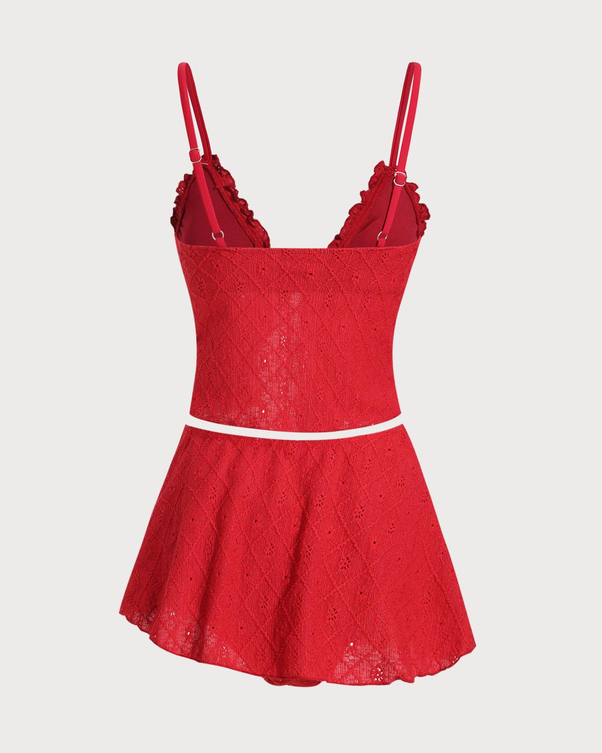 Red Front Tie Tankini Three-Piece Tankini Set Product Image