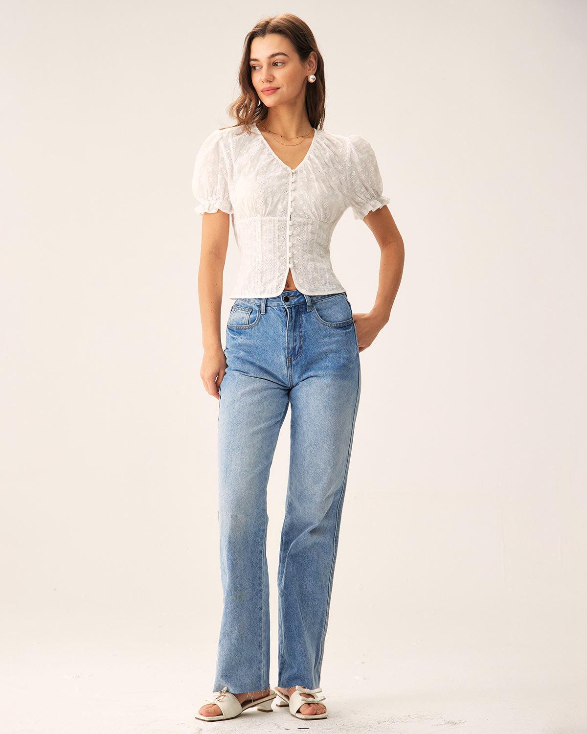 White Floral Puffed Sleeve Blouse Product Image