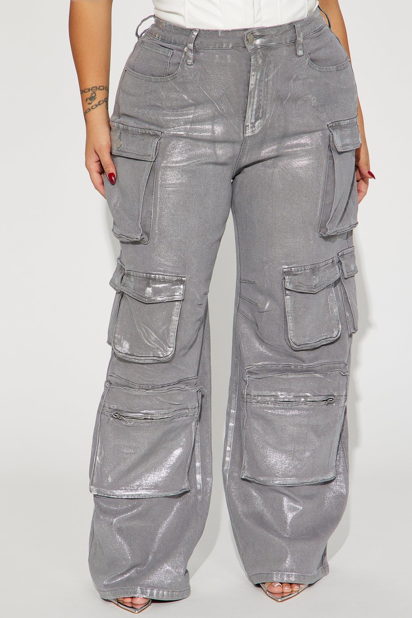 Time To Shine Foil Baggy Cargo Jeans - Silver Product Image