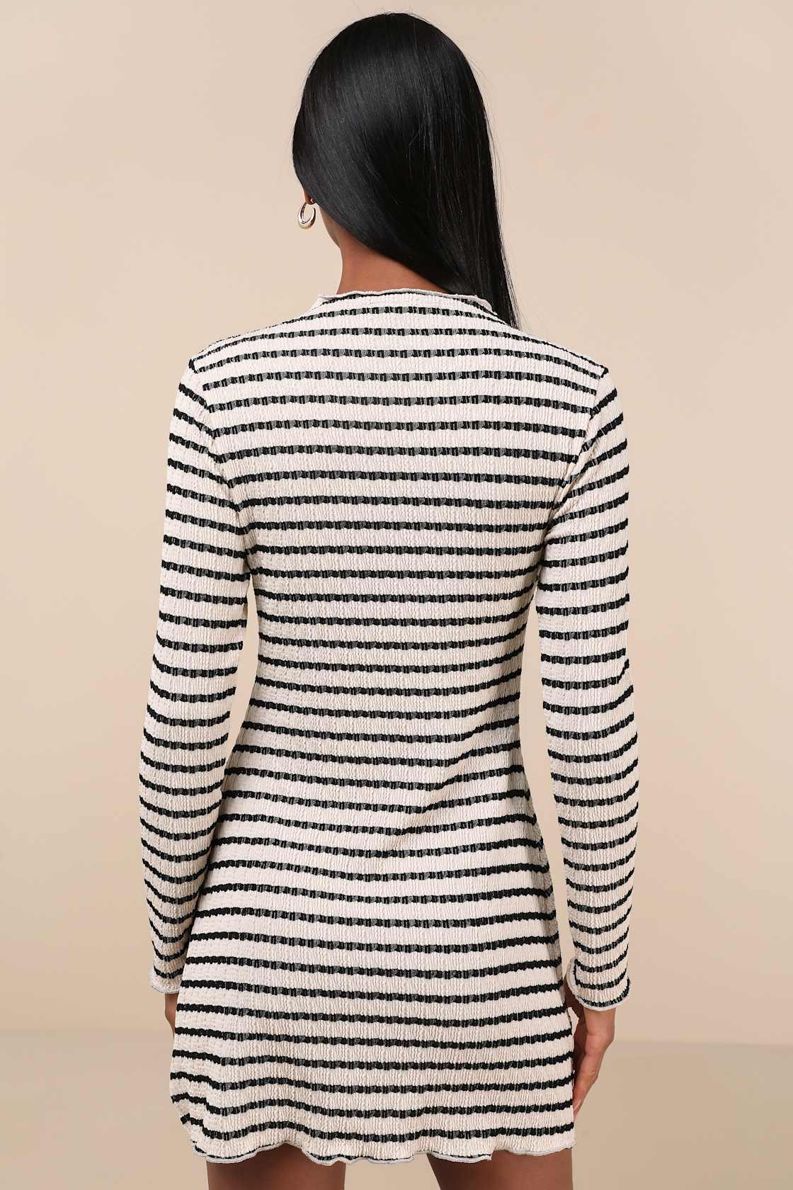 Flattering Forecast Cream Striped Long Sleeve Mini Dress Product Image