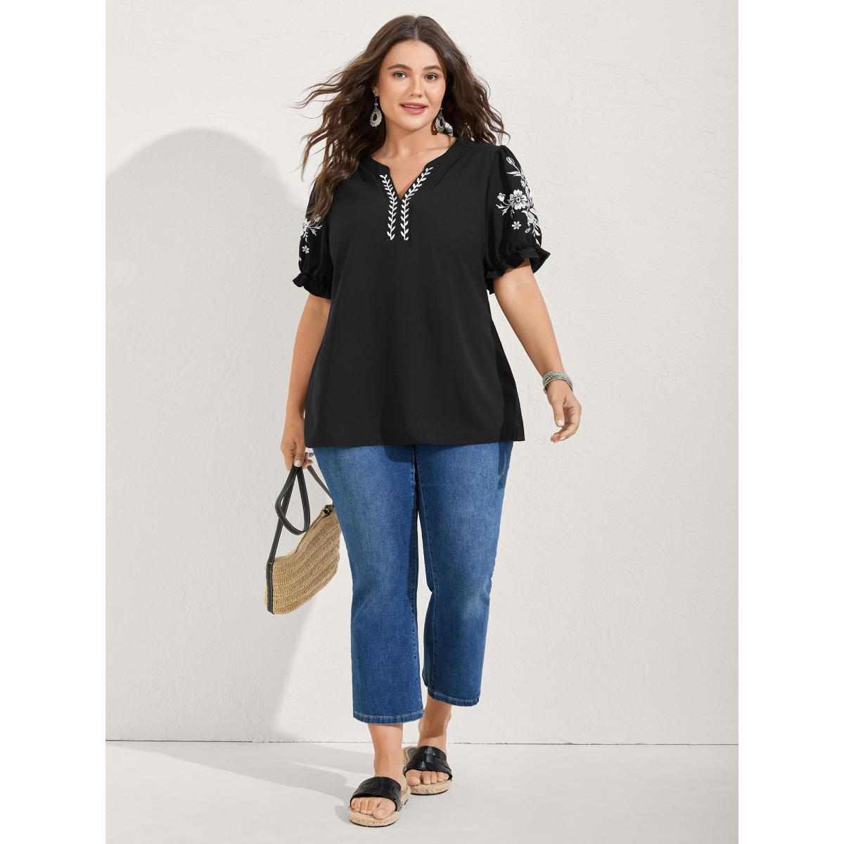 Plus Size Black Notched Collar Embroidered Ruffled Blouse Women Boho Half Sleeve Flat collar with V-notch Vacation Blouses BloomChic 26/4X Product Image