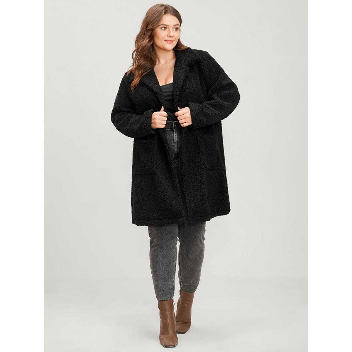 Plus Size Solid Suit Collar Pocket Button Up Teddy Blazer Women Black Casual Ladies Dailywear Winter Coats BloomChic 18-20/2X Product Image