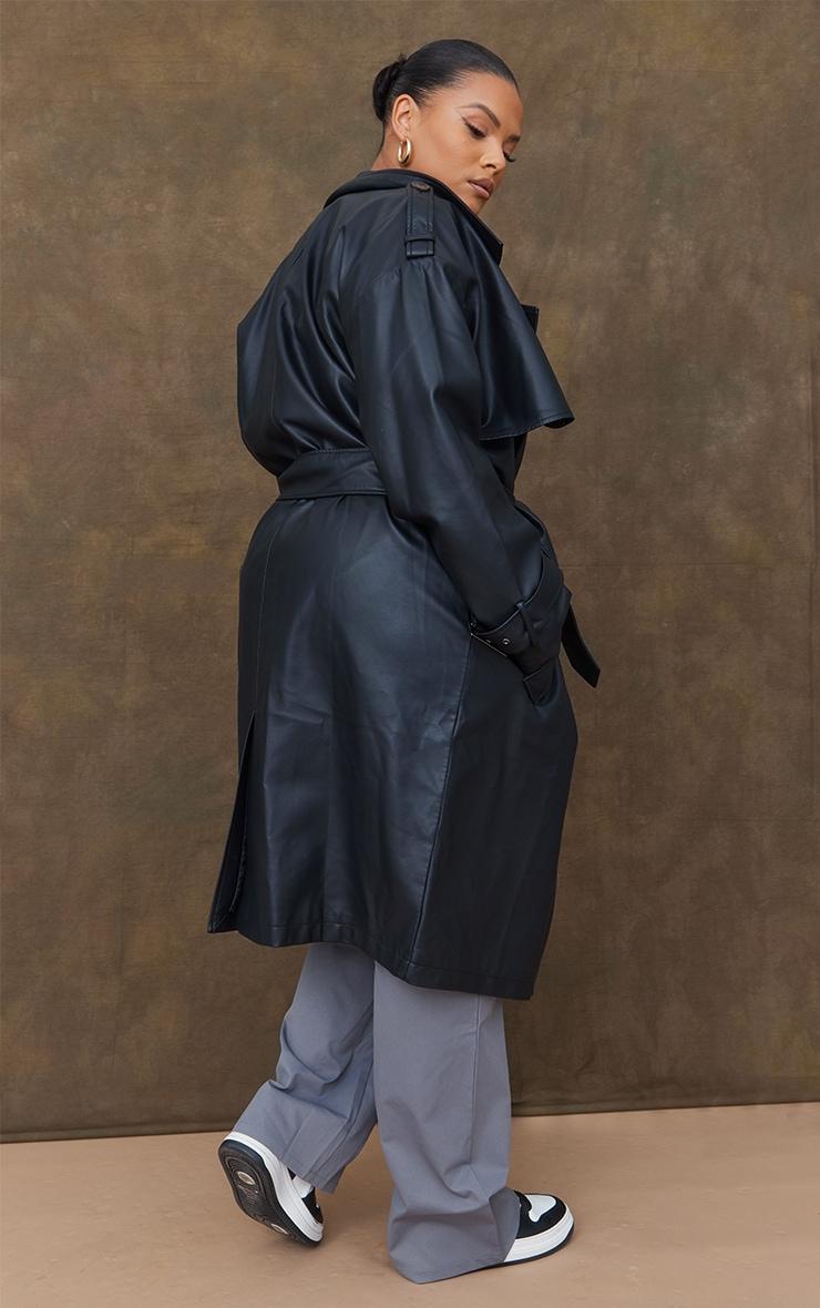 Plus Black Faux Leather Statement Buckle Trench Coat Product Image