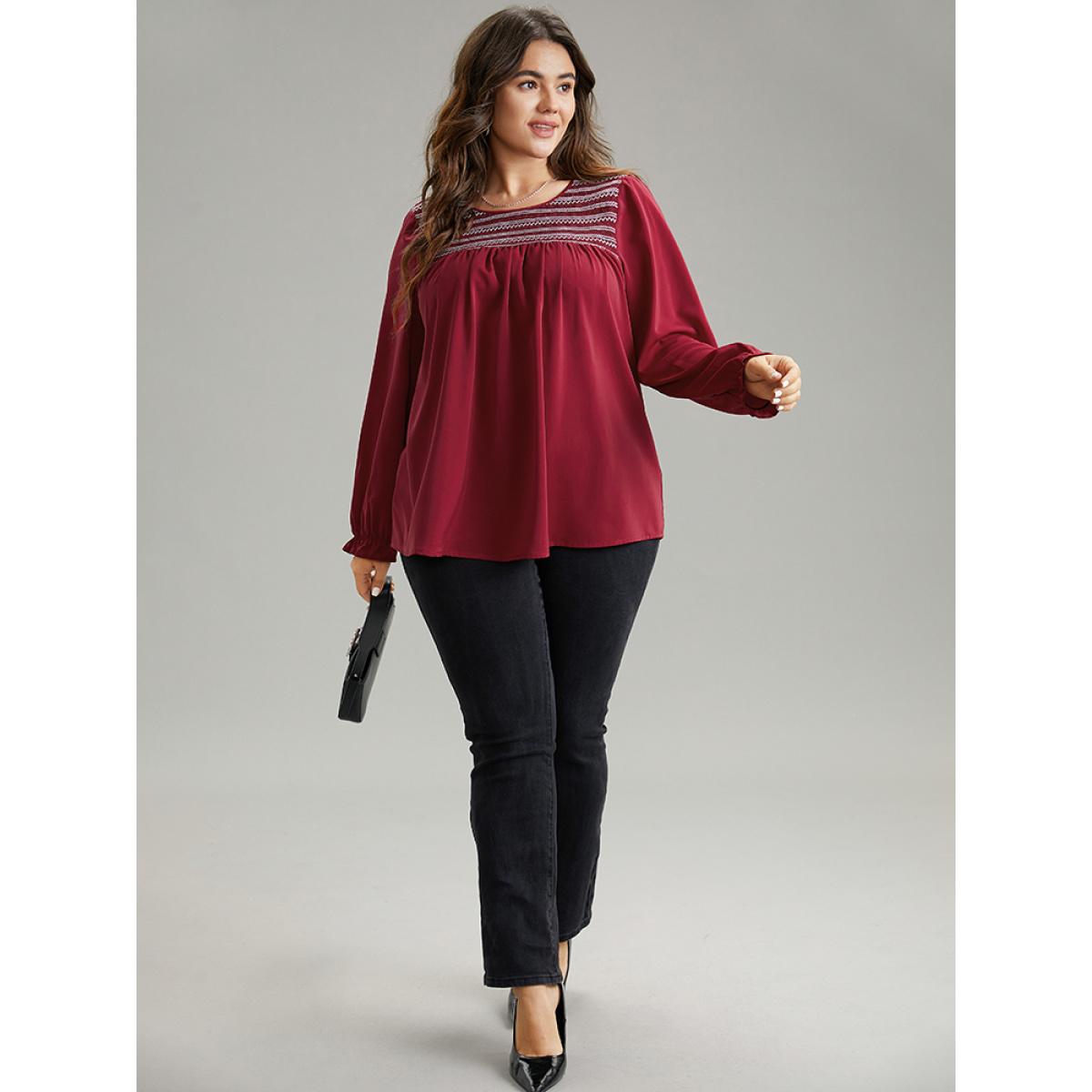 Plus Size Scarlet Contrast Trim Plicated Detail Flutter Sleeve Blouse Women Office Long Sleeve Round Neck Office Blouses BloomChic 30/6X Product Image