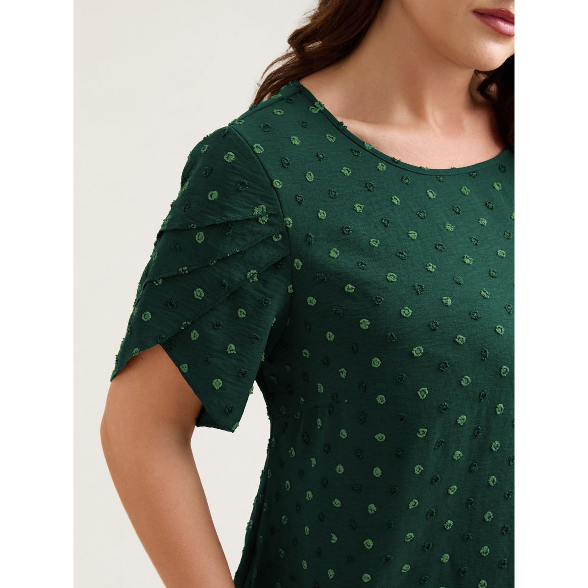 Plus Size DarkGreen Textured Color Contrast Petal Sleeve Blouse Women Timeless Short sleeve Round Neck Elegant Blouses BloomChic 14-16/1X Product Image
